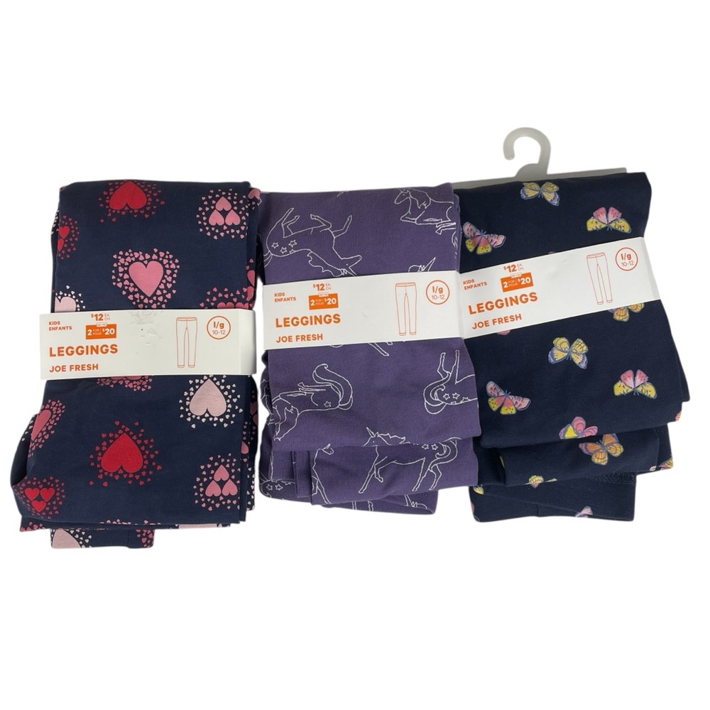Joe Fresh Girls Set of 3 Leggings Unicorns, Hearts, Butterflies Size Large 10-12